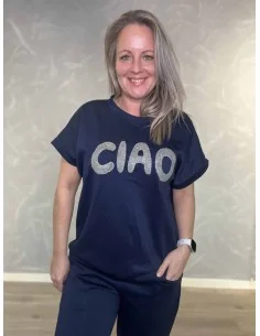 Navy kortærmet sweatbluse med Ciao print til kvinder – Tippy Collection