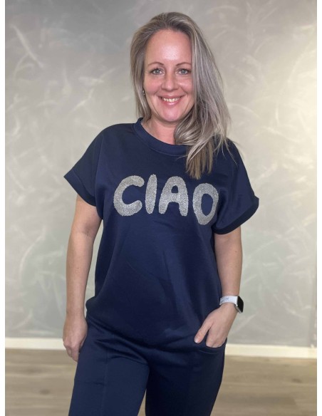 Navy kortærmet sweatbluse med Ciao print til kvinder – Tippy Collection