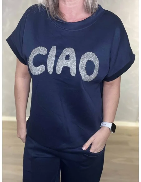 Ciao print på navy kortærmet sweatbluse – TIPPY