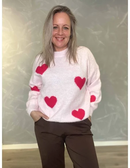 “Rosa strik bluse med hjerter til kvinder – Tippy Collection