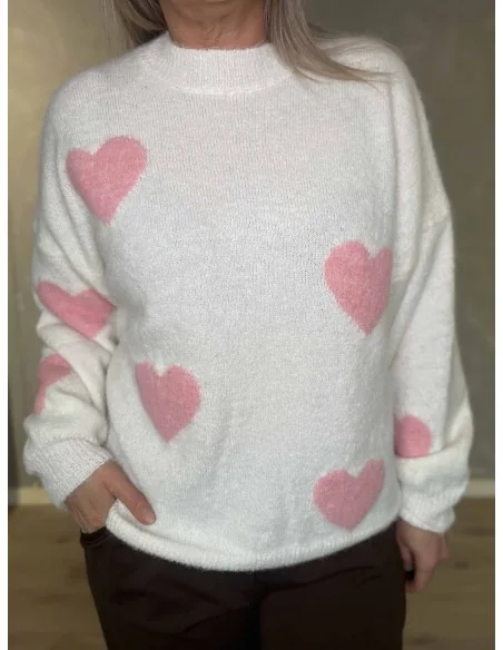 Hjerte mønster på hvid strik bluse – TIPPY