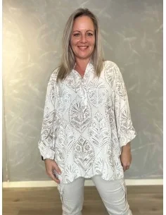 Sand skjortebluse med mønster og opsmøg på ærmer til kvinder – Tippy Collection