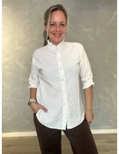 Sand stribet skjorte med flæsekrave til kvinder – Tippy Collection