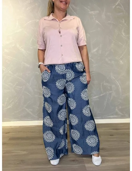 Blå viddede denim bukser med broderi til kvinder – TIPPY Collection