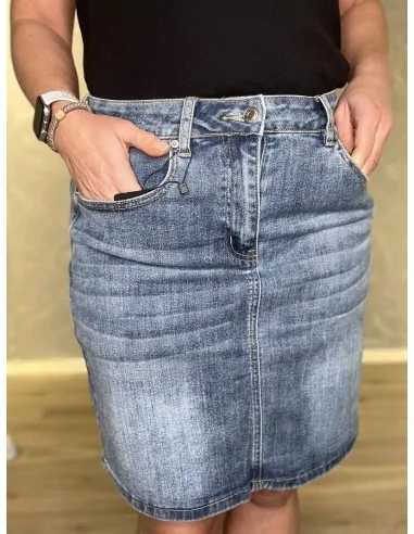 Lynlås og knap på blå denim kort denim nederdel – TIPPY