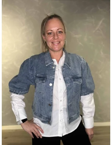 Blå denim kortærmet denim jakke med pufærmer til kvinder – Design by TIPPY
