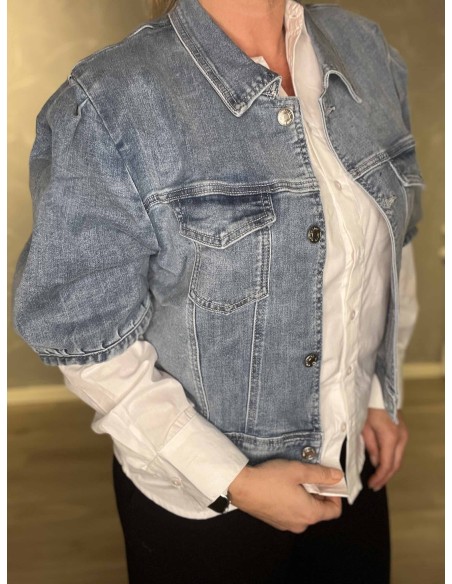 Pufærmer på blå denim kortærmet denim jakke – TIPPY