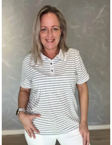 Lys grå polo med striber til kvinder – Design by TIPPY