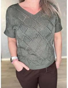 Army grøn hæklet bluse kortærmet til kvinder – TIPPY Collection 2