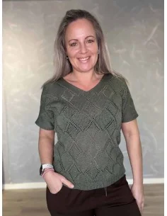 Army grøn hæklet bluse kortærmet til kvinder – TIPPY Collection