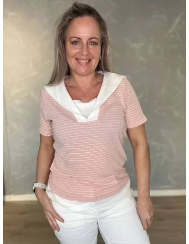 Rosa stribet bluse med hvid matroskrave til kvinder – Design by TIPPY