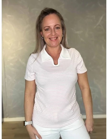Hvid og rosa stribet t-shirt med polokrave til kvinder – Design by TIPPY