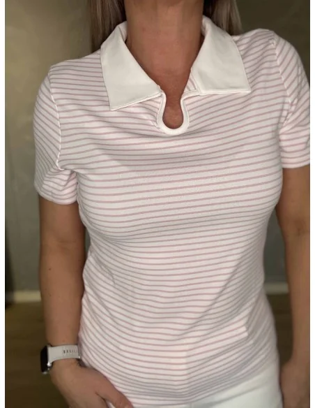 Polokrave på hvid og rosa stribet t-shirt – TIPPY