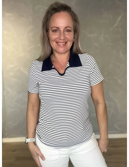 Hvid og navy stribet t-shirt med polokrave til kvinder – Design by TIPPY