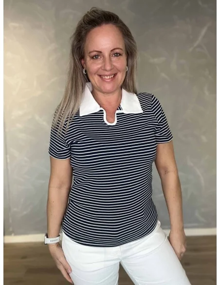 Navy og hvid stribet t-shirt med polokrave til kvinder – Design by TIPPY
