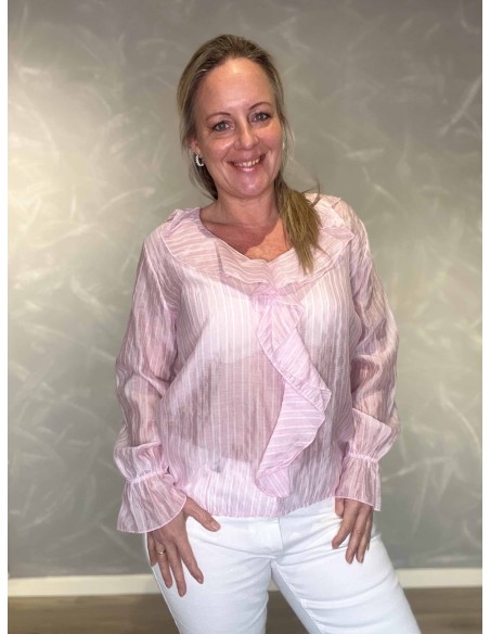 Rosa bluse med flæser og striber til kvinder – TIPPY Italian Select