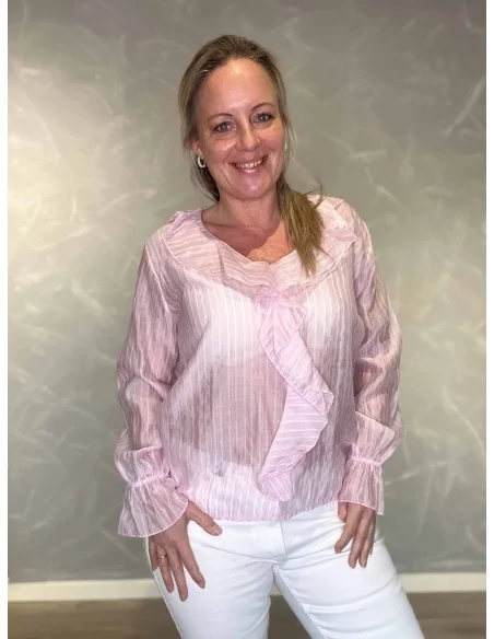 Rosa bluse med flæser og striber til kvinder – TIPPY Italian Select