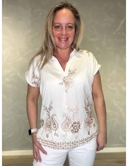 Hvid bluse med V-hals og broderi til kvinder – TIPPY Italian Select