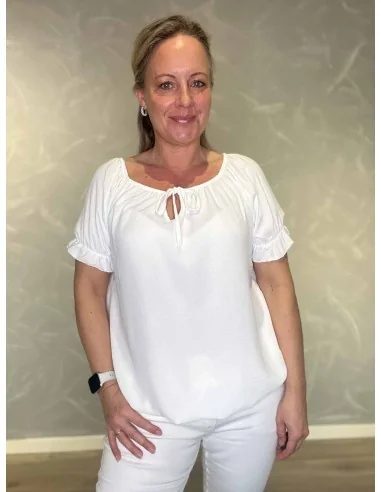 Hvid bluse med bånd og elastikbund til kvinder – TIPPY collection