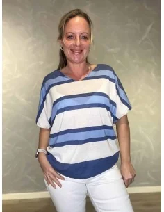 Jeans blå stribet bomulds bluse til kvinder – TIPPY collection