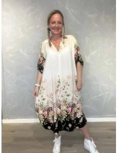Sand/sort kjole med blomsterkanter til kvinder – TIPPY Collection