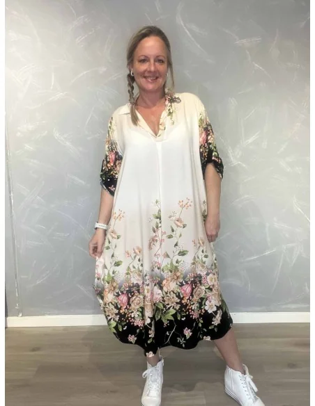 Sand/sort kjole med blomsterkanter til kvinder – TIPPY Collection