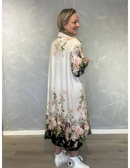 Sand/sort kjole med blomsterkanter til kvinder – TIPPY Collection