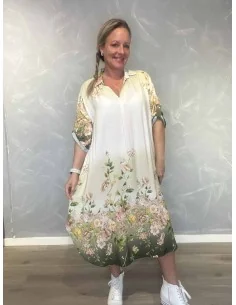 Sand/grøn kjole med blomsterkanter til kvinder – TIPPY Collection