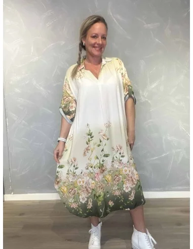 Sand/grøn kjole med blomsterkanter til kvinder – TIPPY Collection