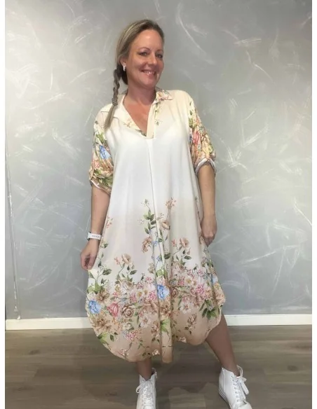 Sand/beige kjole med blomsterkanter til kvinder – TIPPY Collection