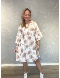 Beige bladprint midi kjole med elastik hals til kvinder – TIPPY Collection