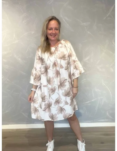 Beige bladprint midi kjole med elastik hals til kvinder – TIPPY Collection