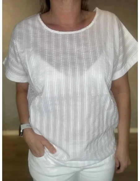 Nærbillede af bomuld med struktur striber på t-shirt – TIPPY
