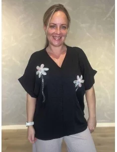 Sort bluse med tylblomst og similisten til kvinder – TIPPY Collection