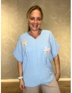 Sky bluse med tylblomst og similisten til kvinder – TIPPY Collection