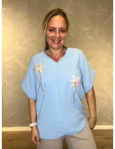 Sky bluse med tylblomst og similisten til kvinder – TIPPY Collection