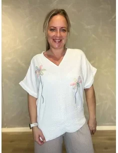 Hvid bluse med tylblomst og similisten til kvinder – TIPPY Collection