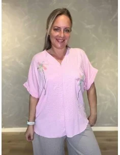 Rosa bluse med tylblomst og similisten til kvinder – TIPPY Collection