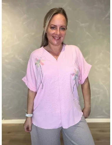 Rosa bluse med tylblomst og similisten til kvinder – TIPPY Collection