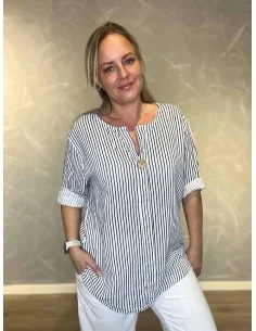 Navy/hvid bluse stribet bomuld til kvinder – Tippy Collection