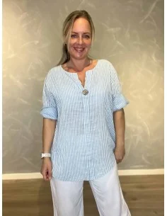 Sky/hvid bluse stribet bomuld til kvinder – Tippy Collection
