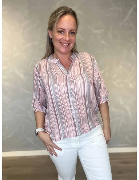 Rosa stribet skjorte med lyrextråd til kvinder – Design by Tippy