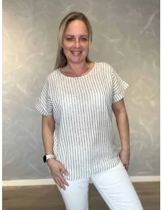 Stribet bluse i grå og hvid til kvinder – Design by Tippy