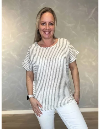 Stribet bluse i grå og hvid til kvinder – Design by Tippy