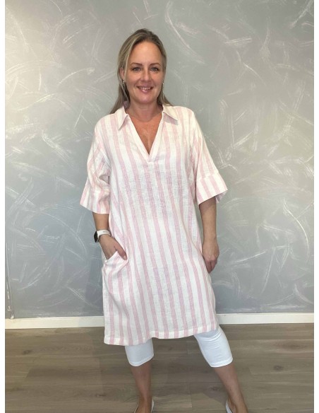 Sand/rosa stribet tunika med krave til kvinder – Design by Tippy