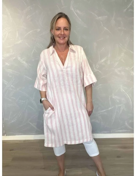 Sand/rosa stribet tunika med krave til kvinder – Design by Tippy