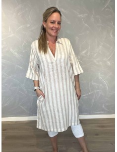 Beige stribet tunika med krave til kvinder – Design by Tippy