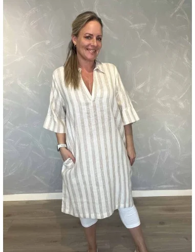 Beige stribet tunika med krave til kvinder – Design by Tippy