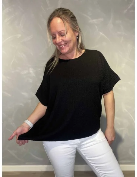 Sort bluse med struktur og elastik til kvinder – TIPPY Collection