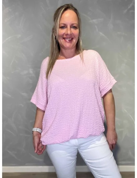 Rosa bluse med struktur og elastik til kvinder – TIPPY Collection
